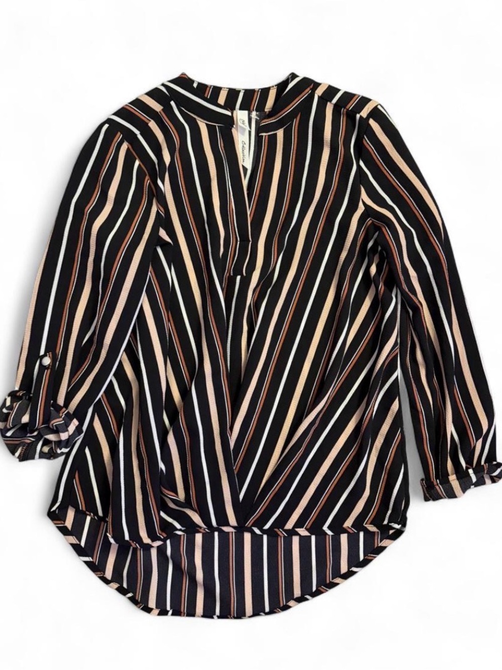 Striped Black and Blush V-Neck Blouse - Women Tops